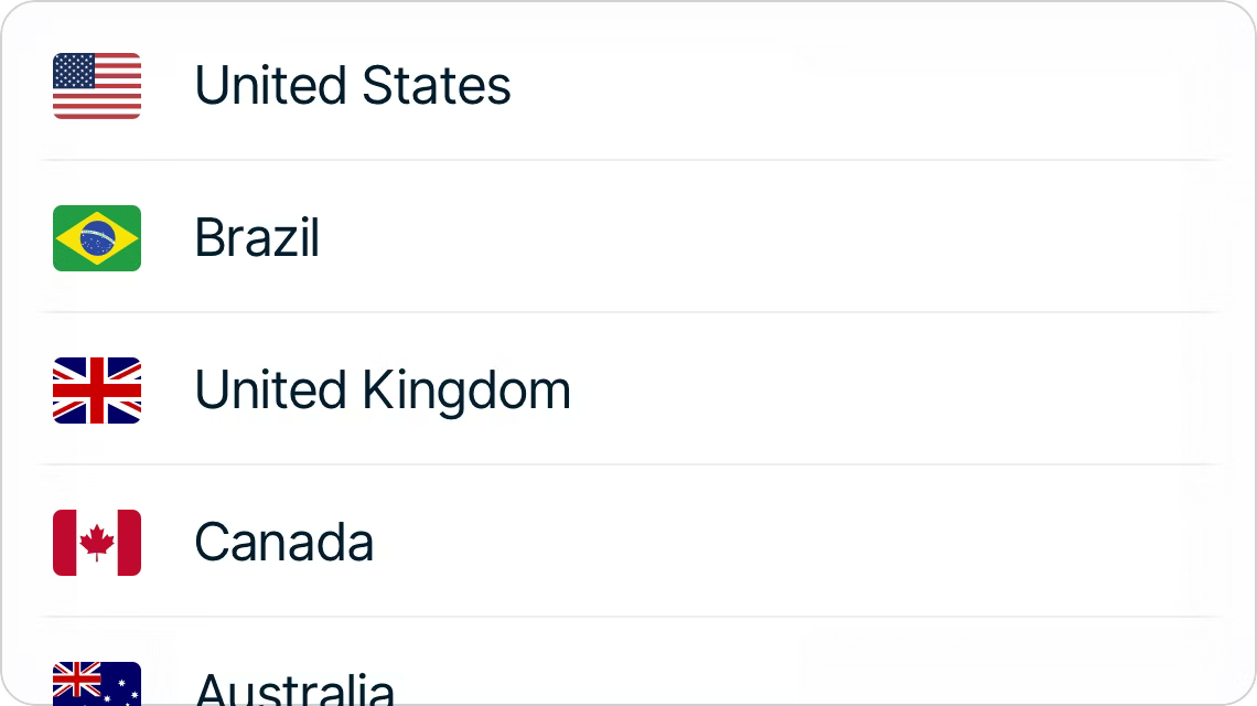 A list of VPN server countries.